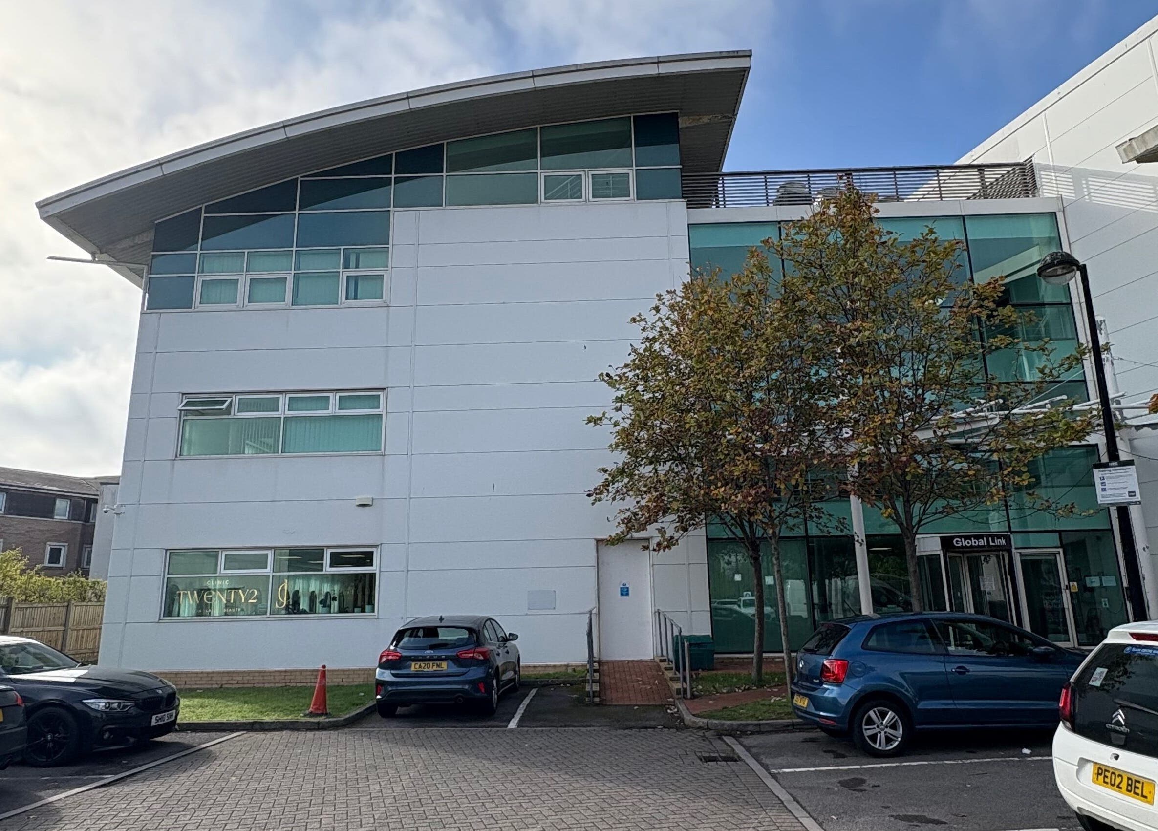Exterior of Alice Tobin Hair Design in Cardiff, Wales, GB, showcasing a sleek modern building.