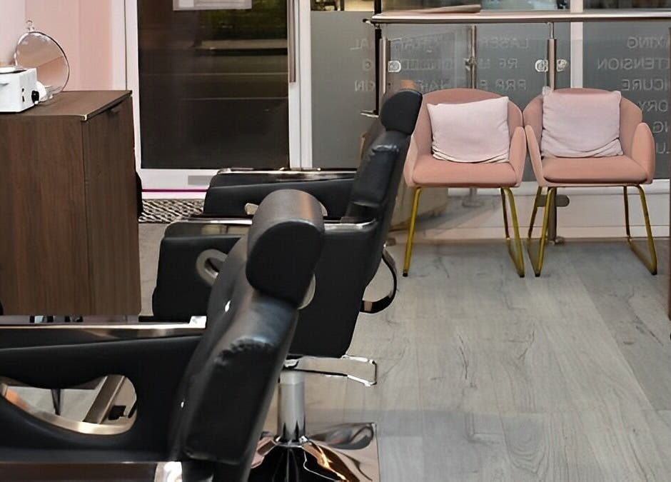 Chic salon chairs and waiting area at Patel Sisters Aesthetic Beauty Clinic in London, England, GB.