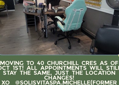 Solis Vita Spa.Michelle workspace features modern seating and beauty tools in St. Thomas, Ontario, CA.