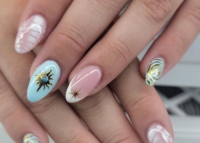 Intricate nail art design at Solis Vita Spa.Michelle, St. Thomas, Ontario, CA showcasing detailed elegance.