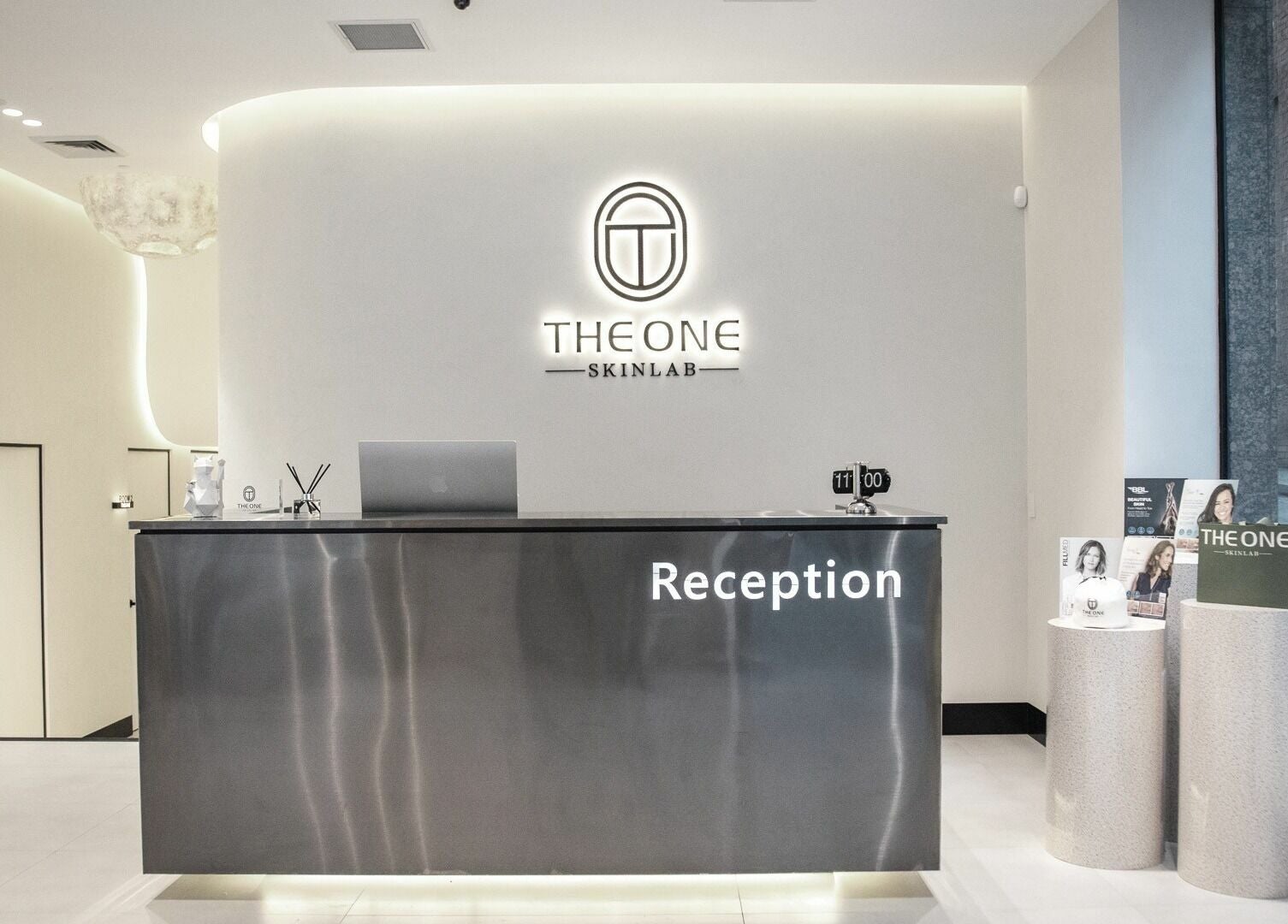 Reception at The One Skin Lab - QVB, Sydney, New South Wales, AU, featuring chic modern decor.