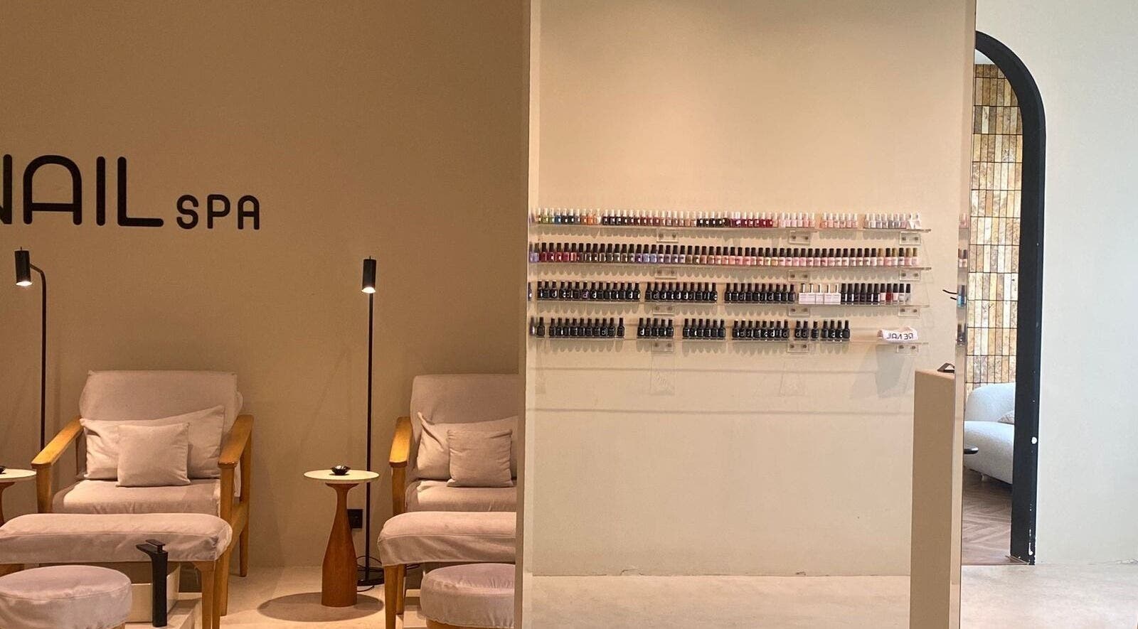 Cozy chairs and nail polish display at Re Nail Spa, Riyadh, Riyadh Province, SA.