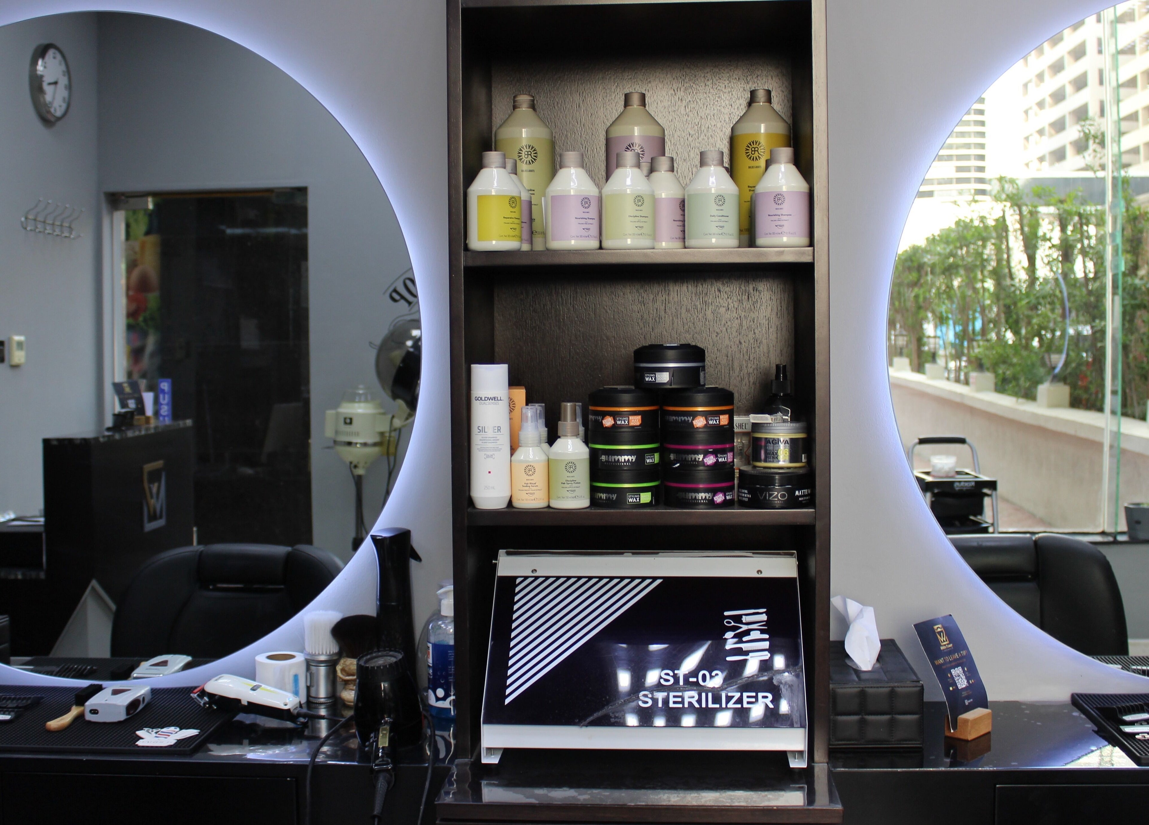 Stylish interior of White Tower Salon صالون البرج الأبيض - Sheikh Zayed Road, Dubai, showcasing beauty products.