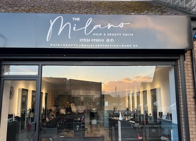 Front view of The Milano Hair & Beauty Suite in Larkhall, Scotland, GB showcasing chic salon interior.