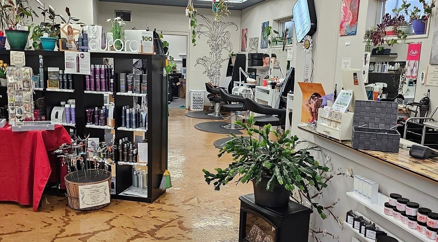Interior of Canopy Salon and Spa, Innisfail, Alberta, CA featuring styling stations and products.
