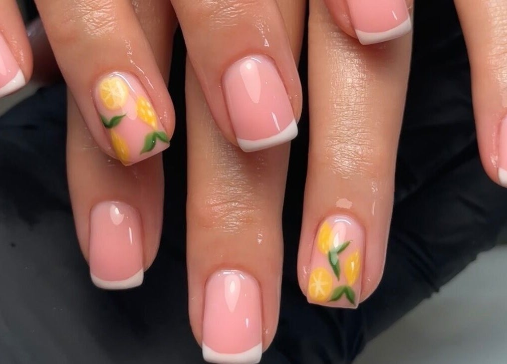 Chic lemon-themed nail art at Gloss by PTB, Totton, England, GB.