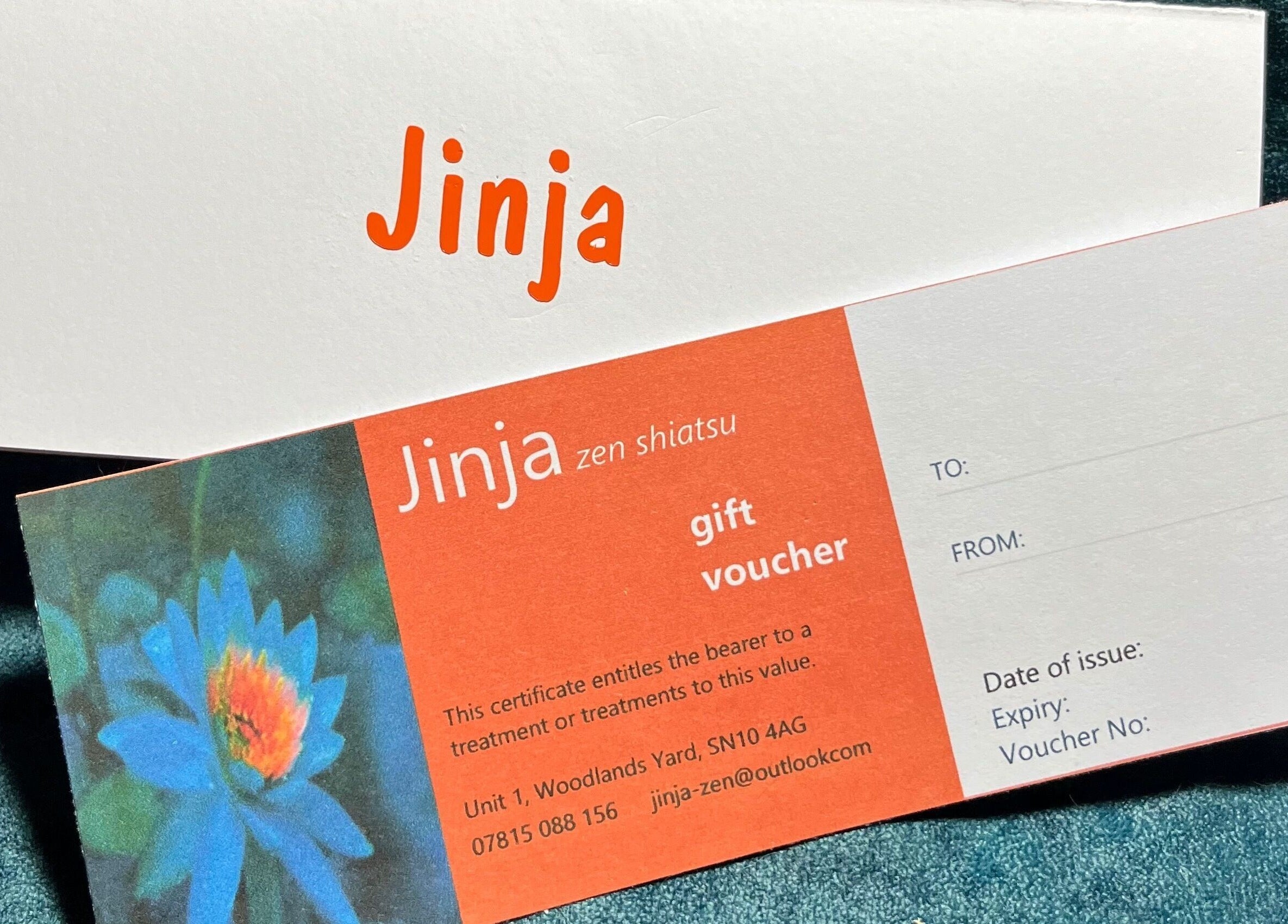 Jinja gift voucher on table, Devizes, England, GB. A thoughtful present for wellness lovers.