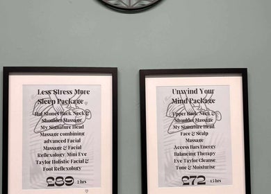 Spa package posters at Holistic Health NI, Carrickfergus, Northern Ireland, GB, highlighting relaxation services.