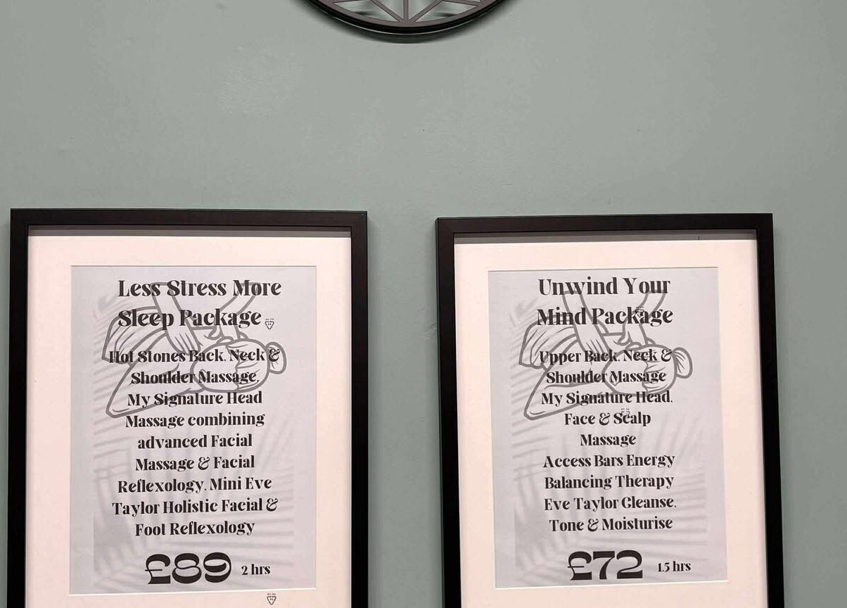 Spa package posters at Holistic Health NI, Carrickfergus, Northern Ireland, GB, highlighting relaxation services.