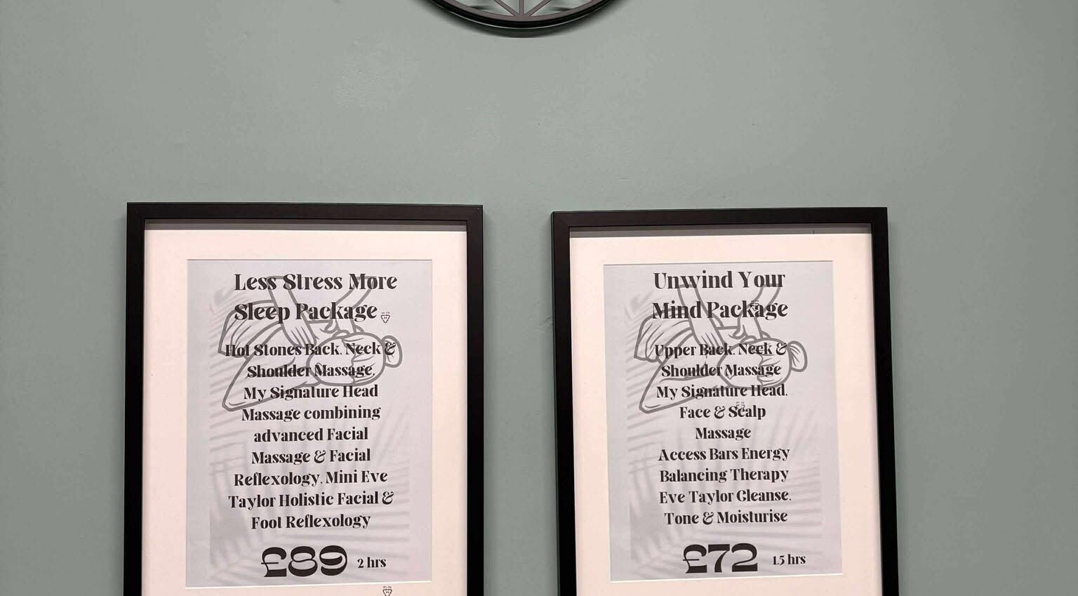 Spa package posters at Holistic Health NI, Carrickfergus, Northern Ireland, GB, highlighting relaxation services.