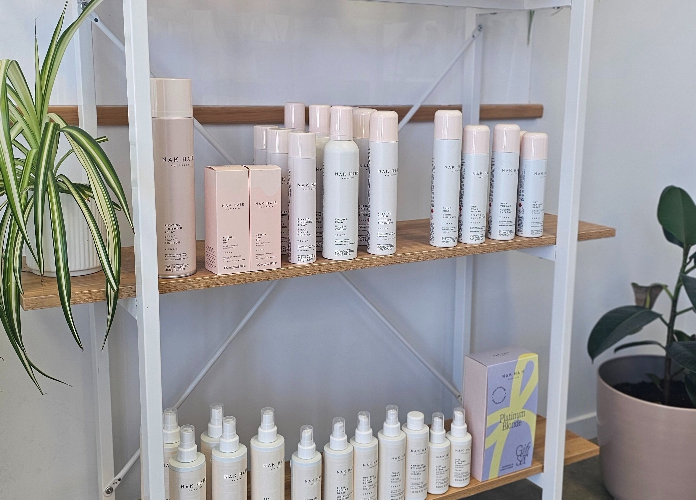 Stylish display of hair products at Loretta's Hair Spa, Papamoa, Bay Of Plenty, NZ.