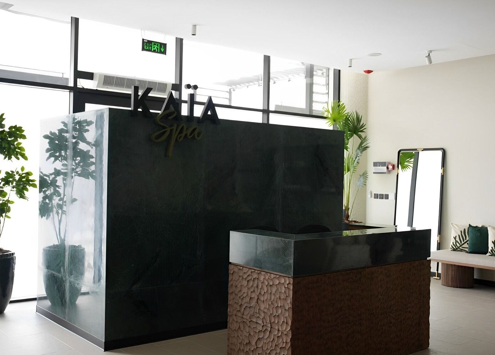 Elegant reception area of Kaia Spa - Ar Rayyan in Riyadh, Riyadh Province, SA, with lush greenery and modern decor.