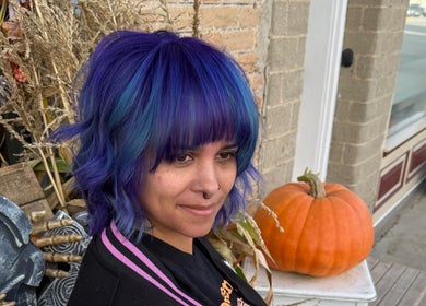 Vibrant purple and blue hairstyle at Myrna Hastings Haair, Indian Head, Saskatchewan, CA.