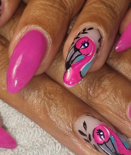 Vibrant flamingo nail art by Charlene du Toit - The Nail Lady in Kitwe, Copperbelt Province, ZM.