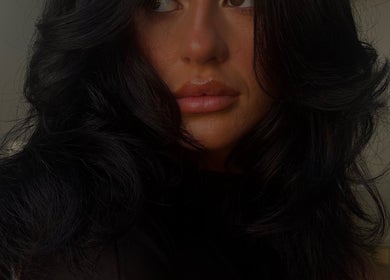 Close-up of styled dark hair at Laura Mc Ginley Hairdressing, Strabane, Northern Ireland, GB.