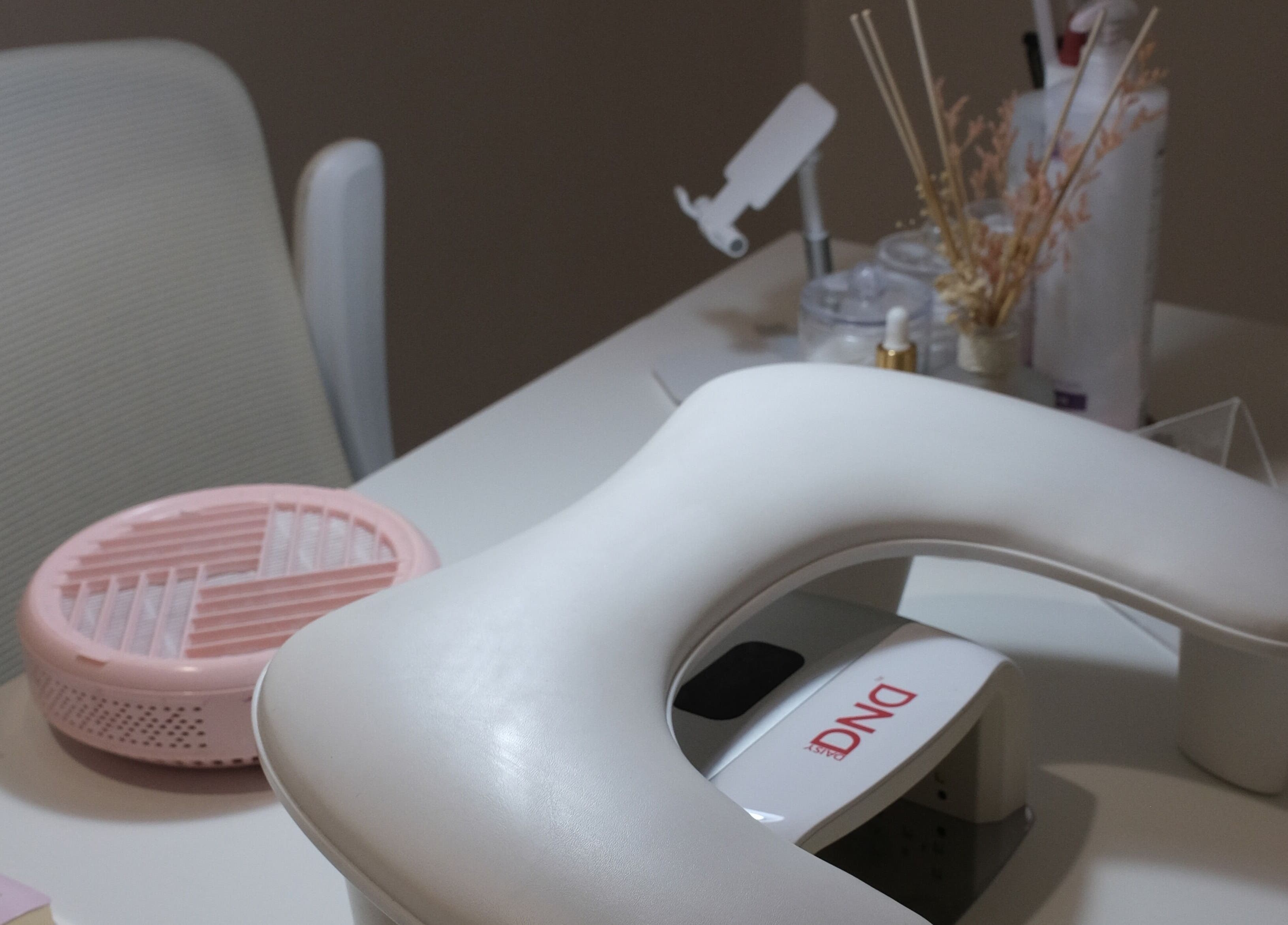 Modern nail care station at LV Nails, Feltham, England, GB featuring elegant equipment and minimal decor.