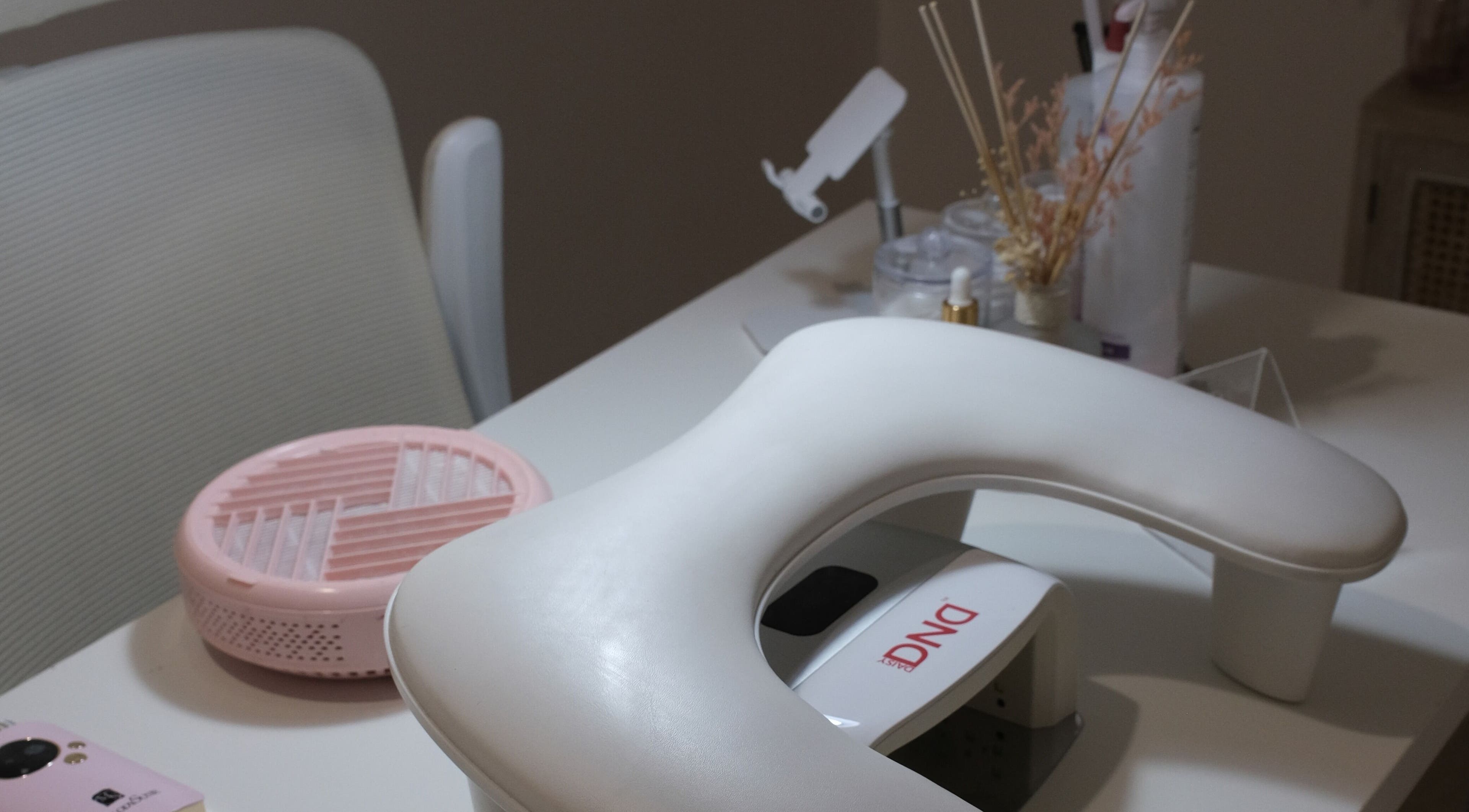 Modern nail care station at LV Nails, Feltham, England, GB featuring elegant equipment and minimal decor.