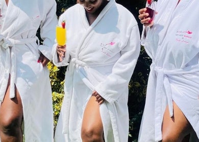 Guests in robes enjoying drinks at Bohl Squared Beauty Spa, Springs, Gauteng, ZA.