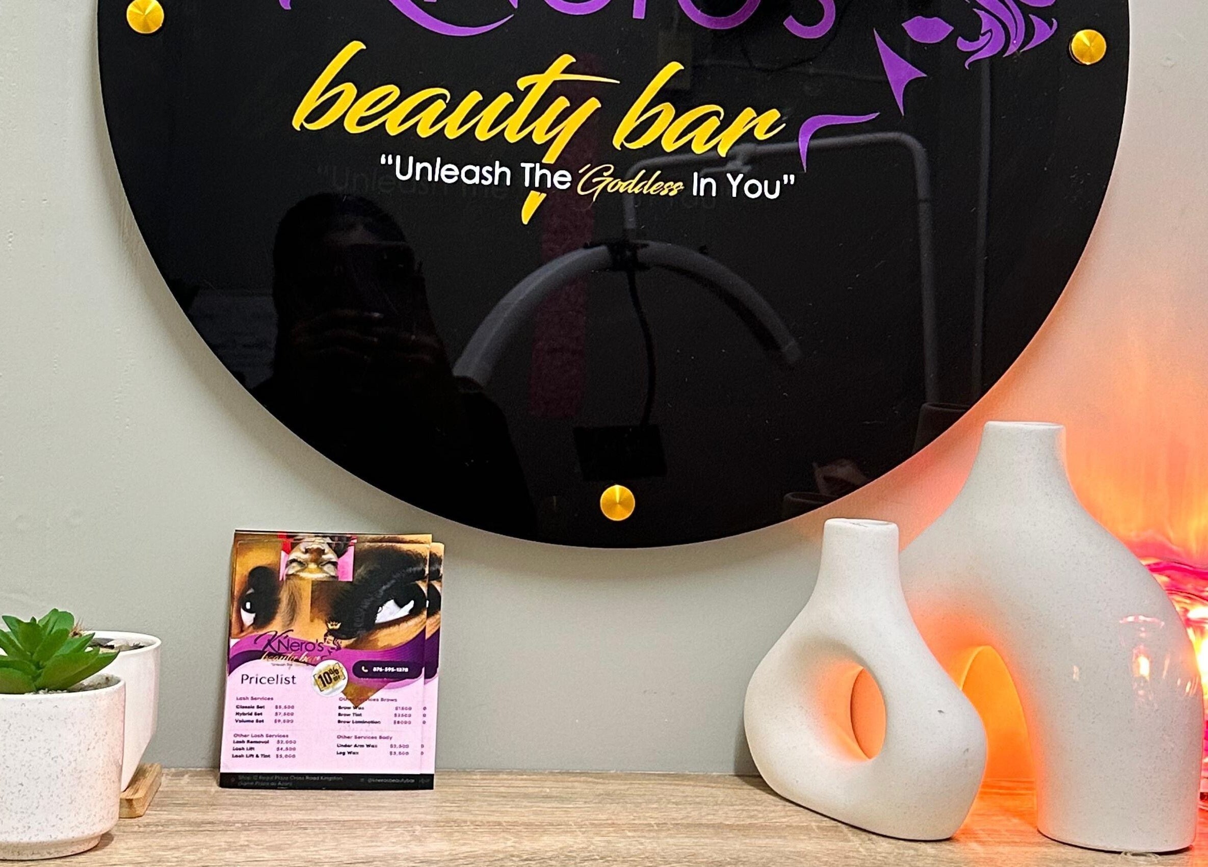 Elegant decor and signage at K’Nero’s Beauty Bar, Portmore, St. Catherine Parish, JM.