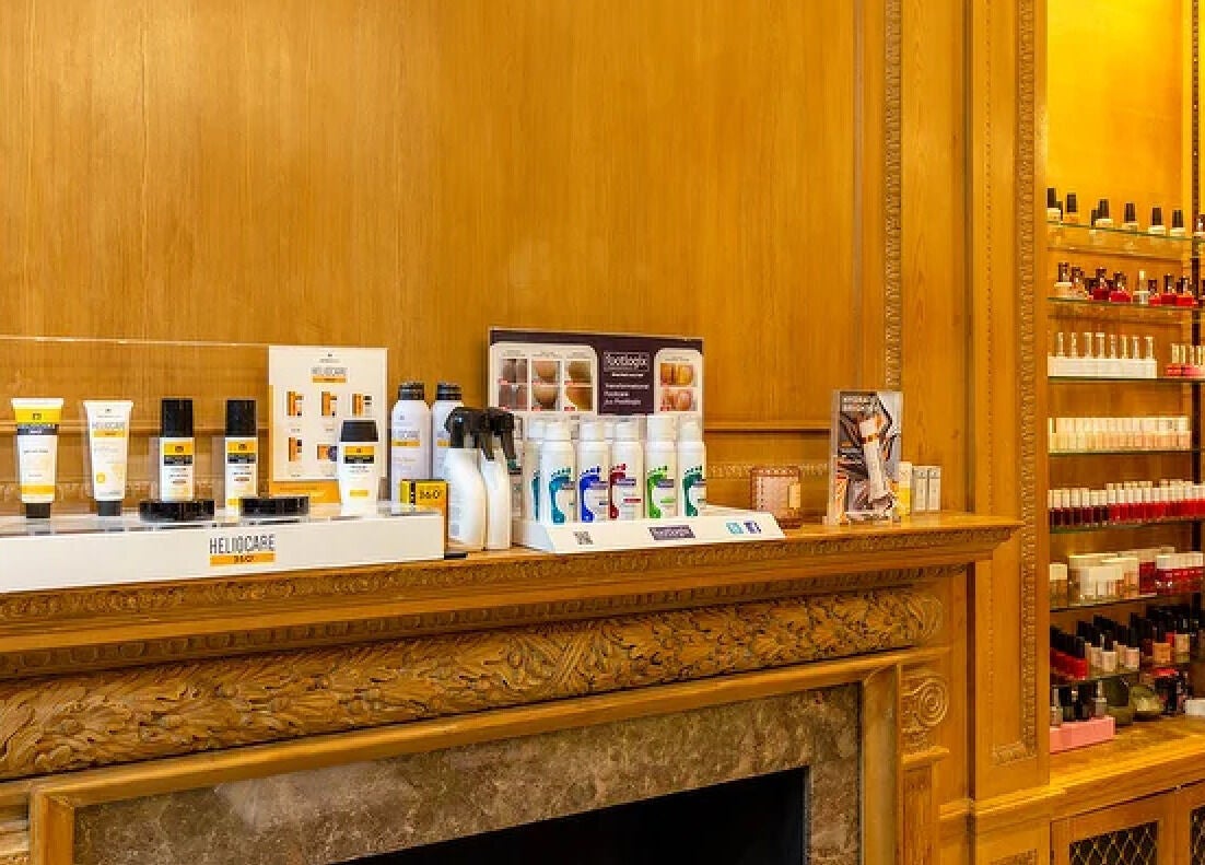 Beauty product display at The Nail Station in London, England, GB showcasing various nail care items.
