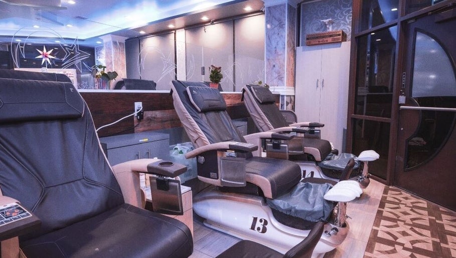 Comfortable pedicure chairs in Star Nails Bar, Vista, California, US, with modern decor.
