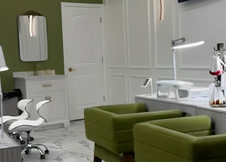 Chic nail salon interior at Afina Beauty Studio, New York, New York, US, featuring stylish green chairs and modern decor.