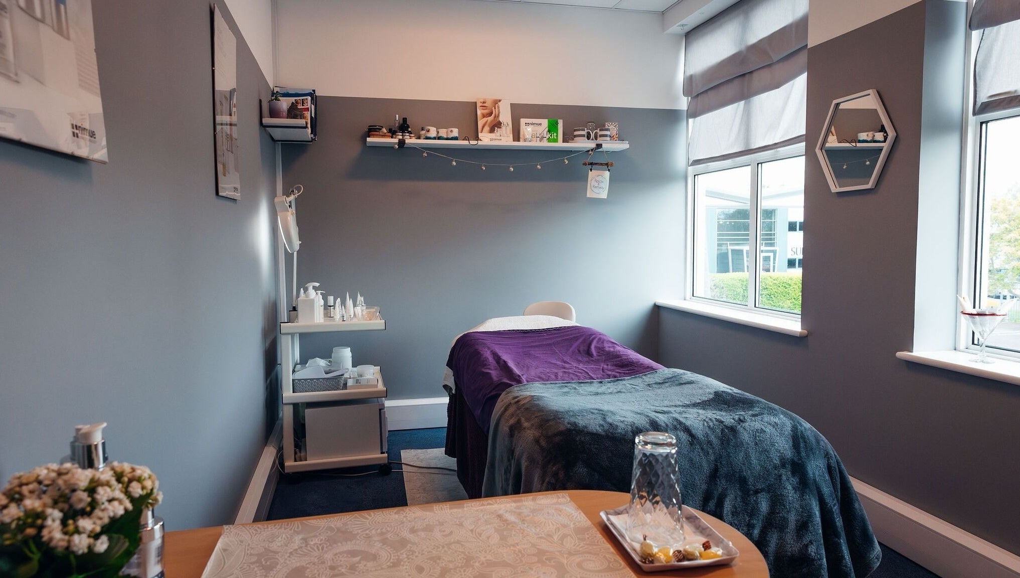 Tranquil treatment room at Relax & Remedy, Ferndown, England, GB, with serene decor and ambient lighting.