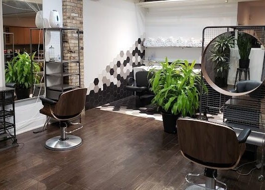 Modern interior of [Sekt] Hair Studio in Toronto with lush plants and stylish chairs.