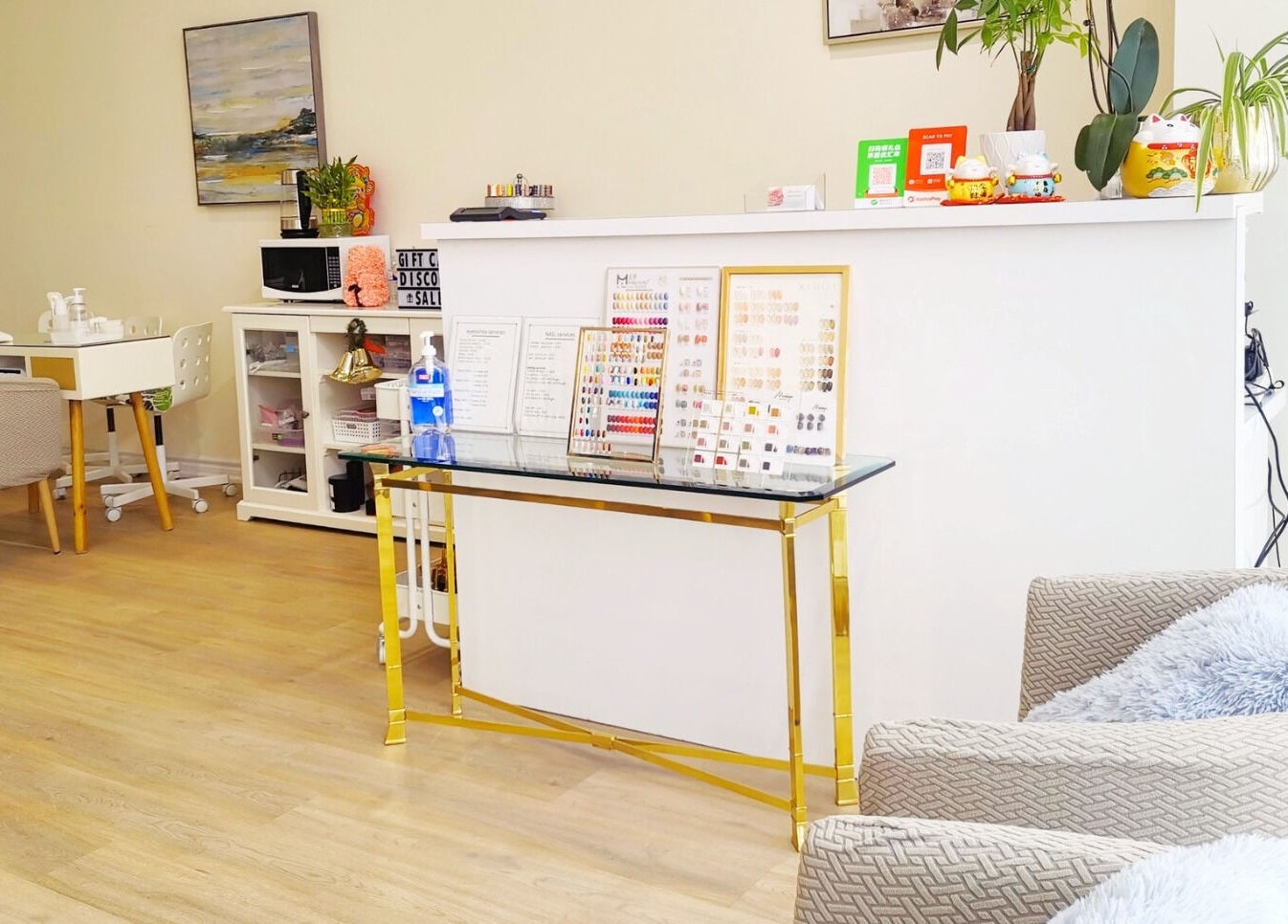 Modern interior of MiuMiu Beauty Nails And Eyelashes in Toronto, Ontario, CA showcasing nail services area.