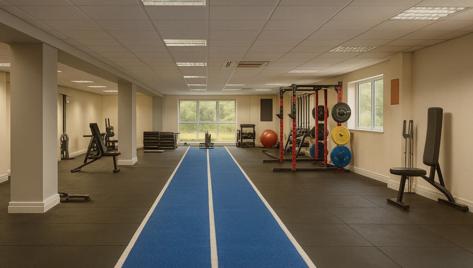 Spacious gym area at Breathe Recharge Thrive, Minchinhampton, England, GB with modern workout equipment.