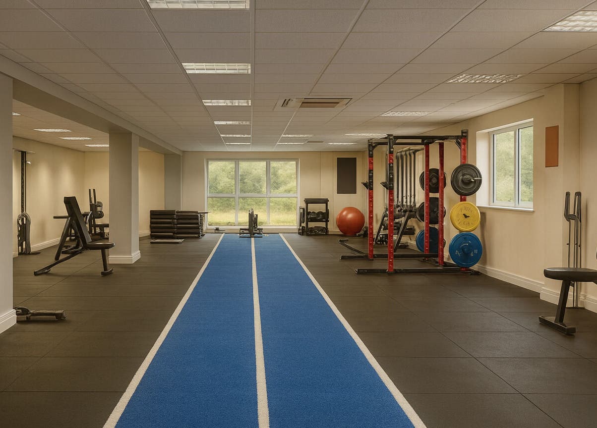 Spacious gym area at Breathe Recharge Thrive, Minchinhampton, England, GB with modern workout equipment.