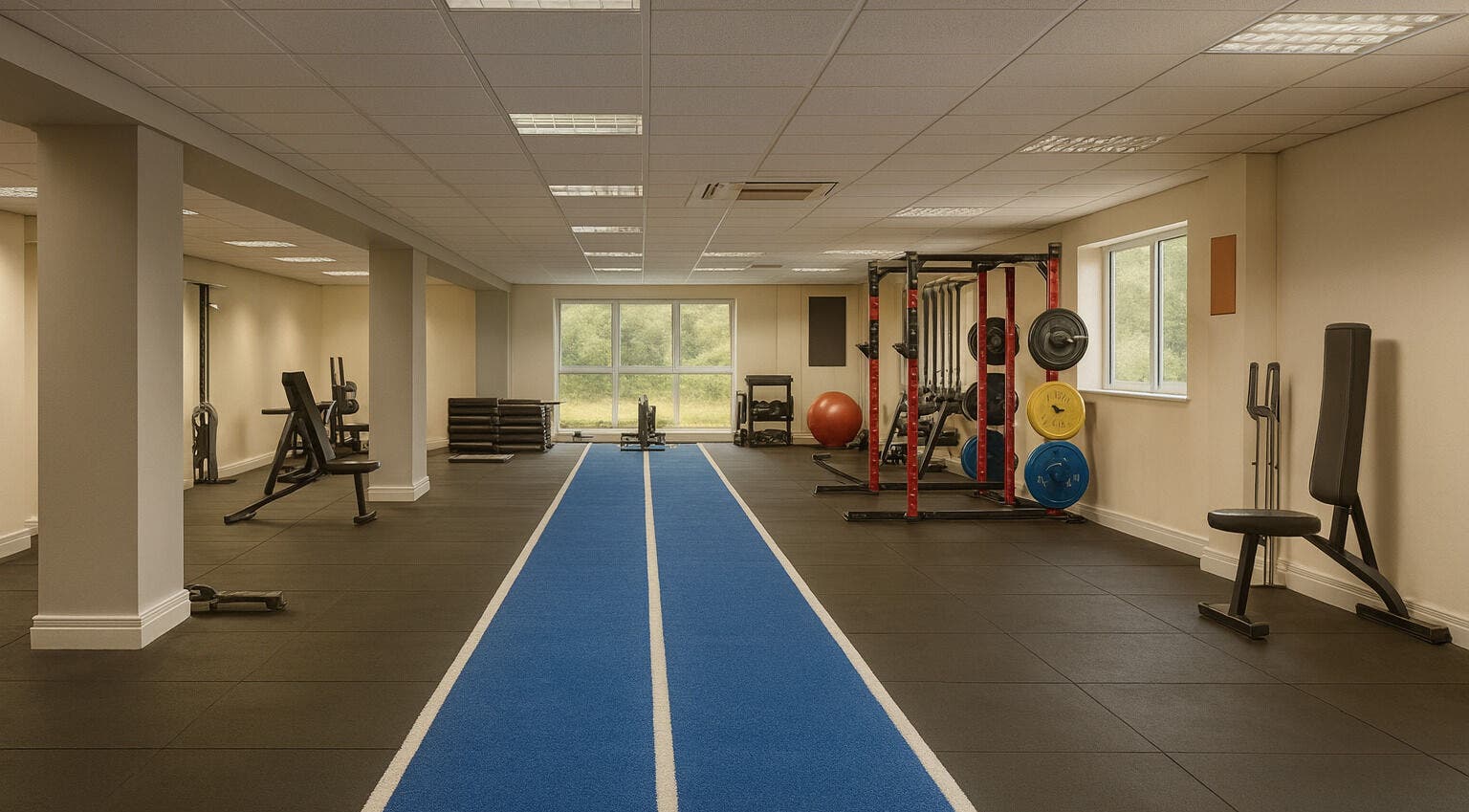 Spacious gym area at Breathe Recharge Thrive, Minchinhampton, England, GB with modern workout equipment.