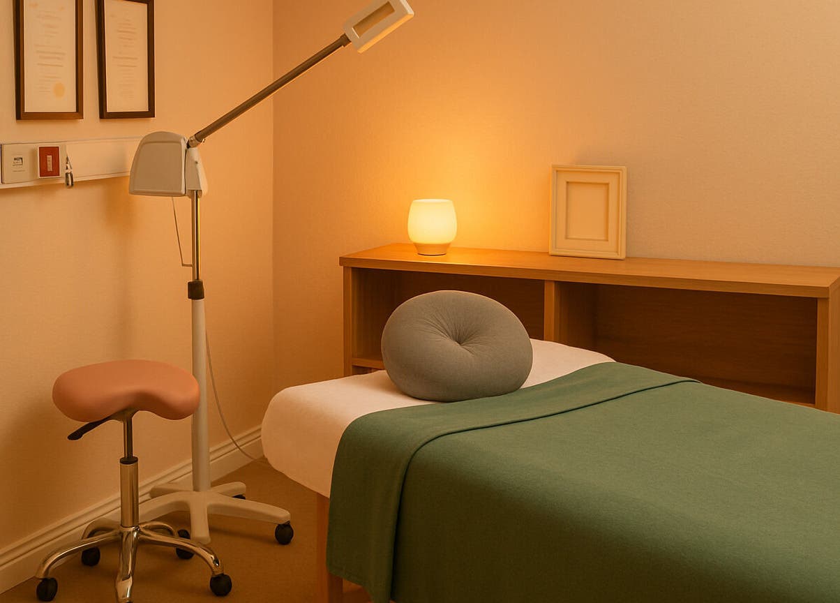 Calming massage room at Breathe Recharge Thrive, Minchinhampton, England, GB, with warm lighting and cozy bed.