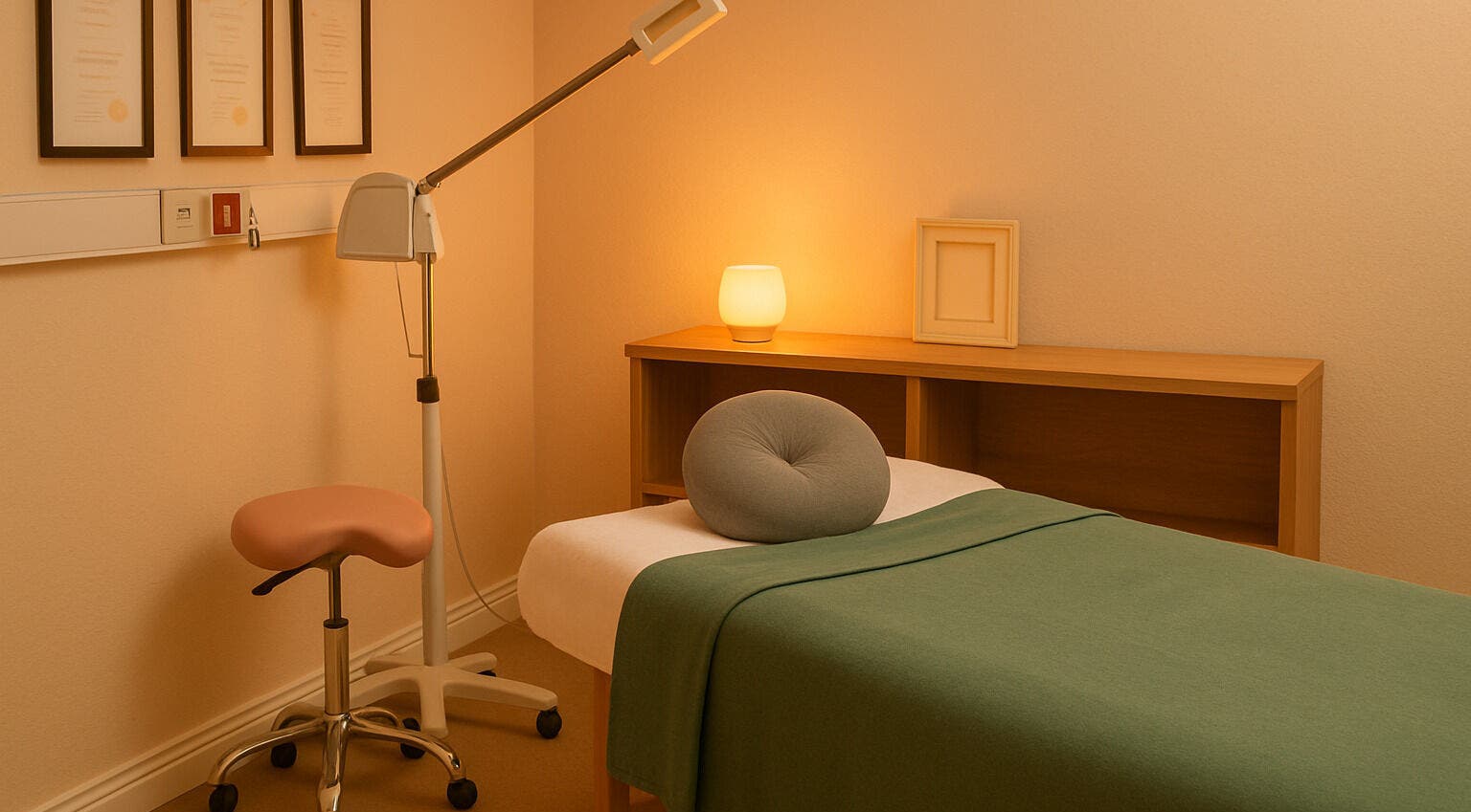 Calming massage room at Breathe Recharge Thrive, Minchinhampton, England, GB, with warm lighting and cozy bed.