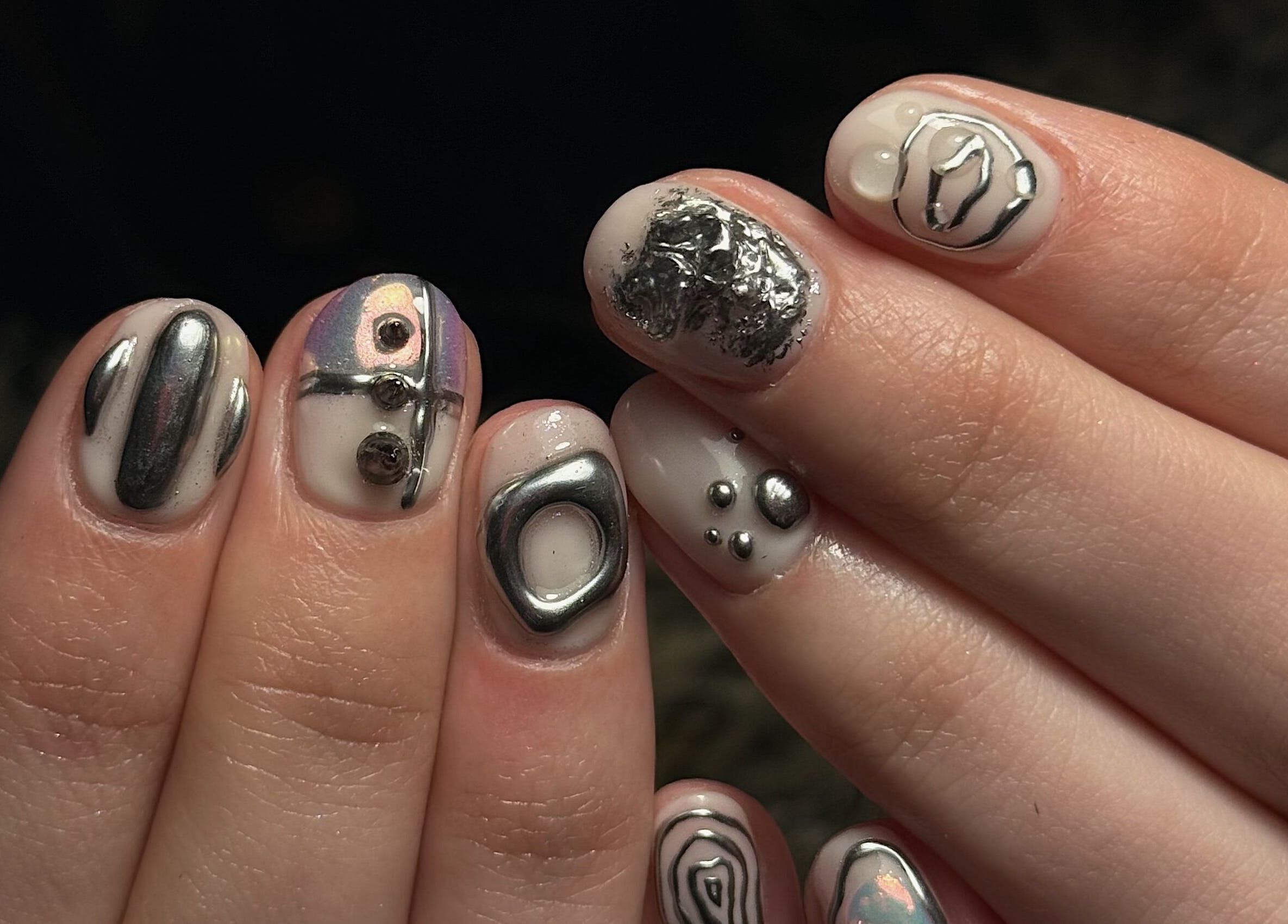Unique metallic nail art at ChromeFangStudio & Northernfangs, North Shields, North Tyneside, England, GB.