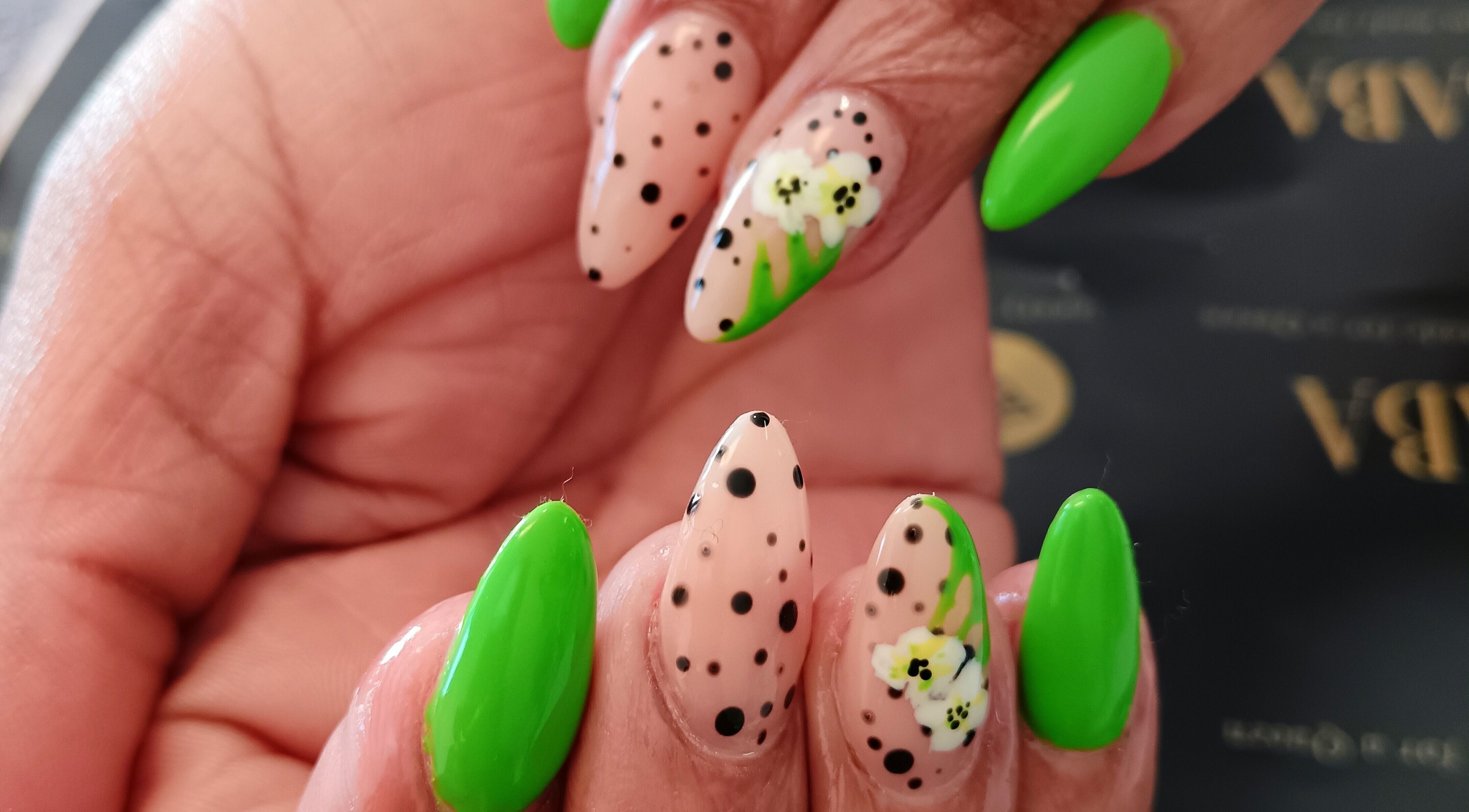 Beautiful green and floral nail art at Saba Beauty Emporium, Pretoria, Gauteng, ZA.