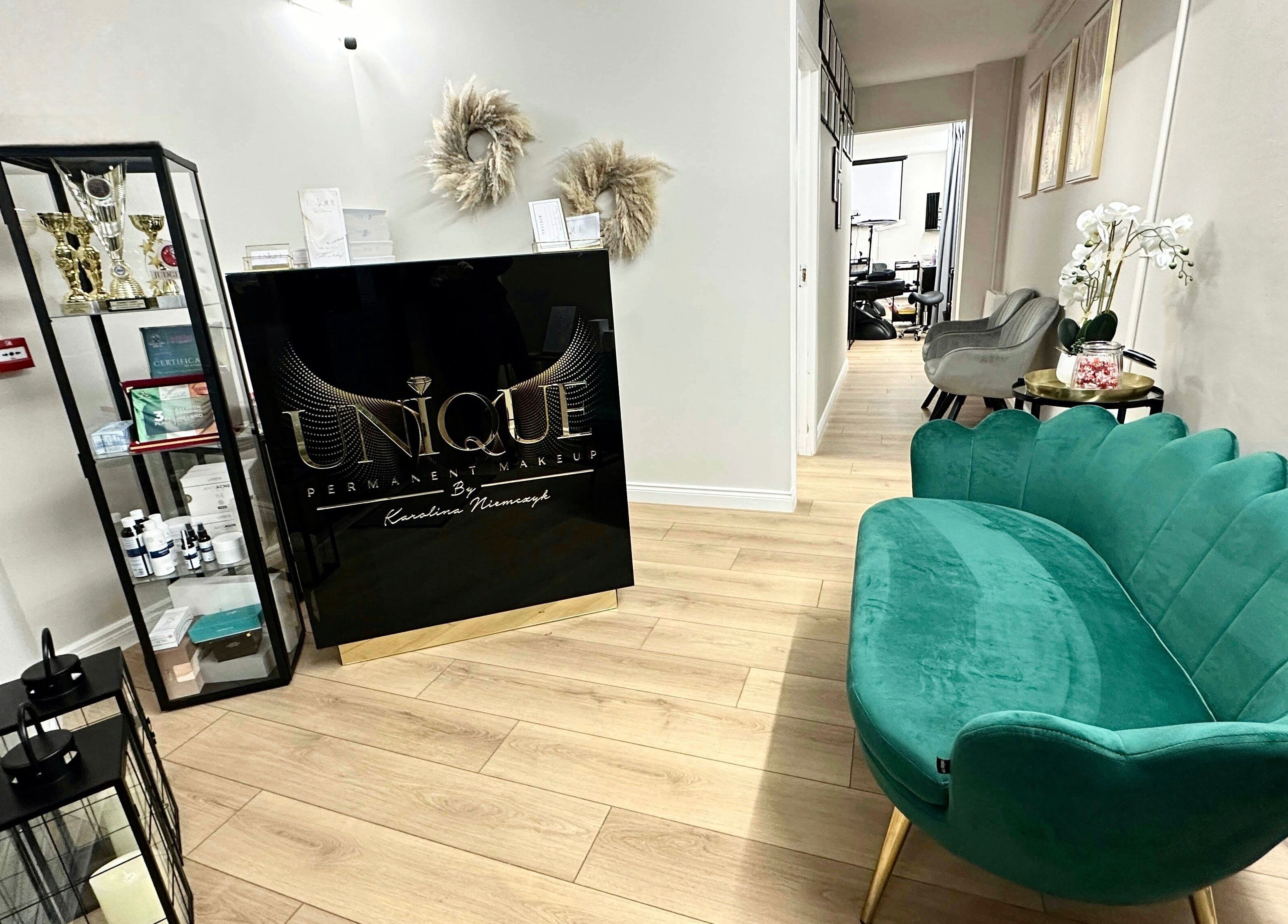 Elegant reception area at Unique Permanent Makeup in Tralee, County Kerry, IE, showcasing stylish decor.