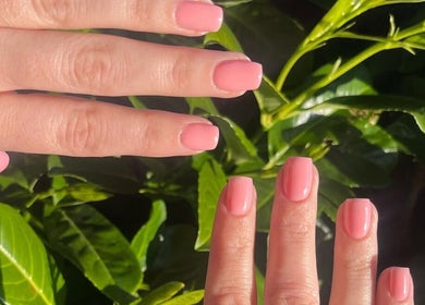 Fresh pink manicured nails from The BIAB Room, Cwmparc, Wales, GB, set against lush green leaves.
