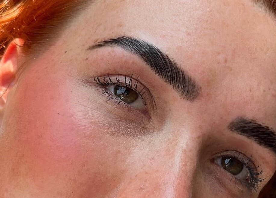 Close-up of perfectly groomed eyebrows at The Biab Room, Cwmparc, Wales, GB.