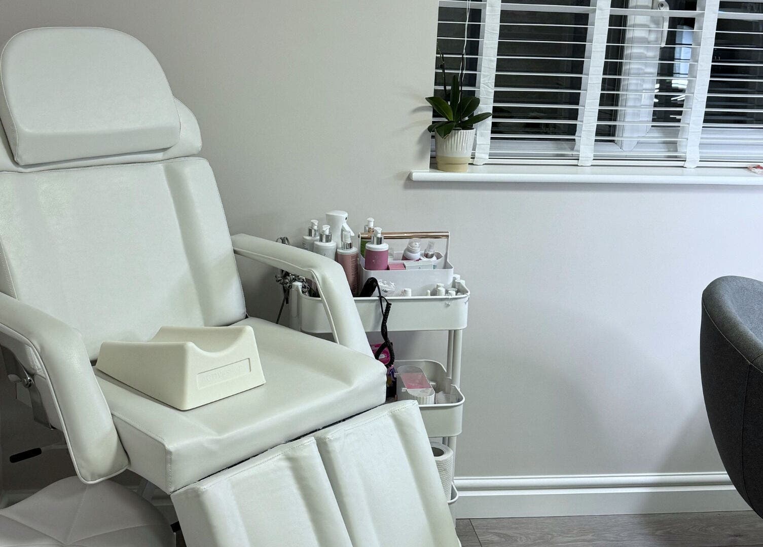 Comfortable beauty chair at Zhekova Nails Academy, Epsom, England, GB, ready for a pampering session.