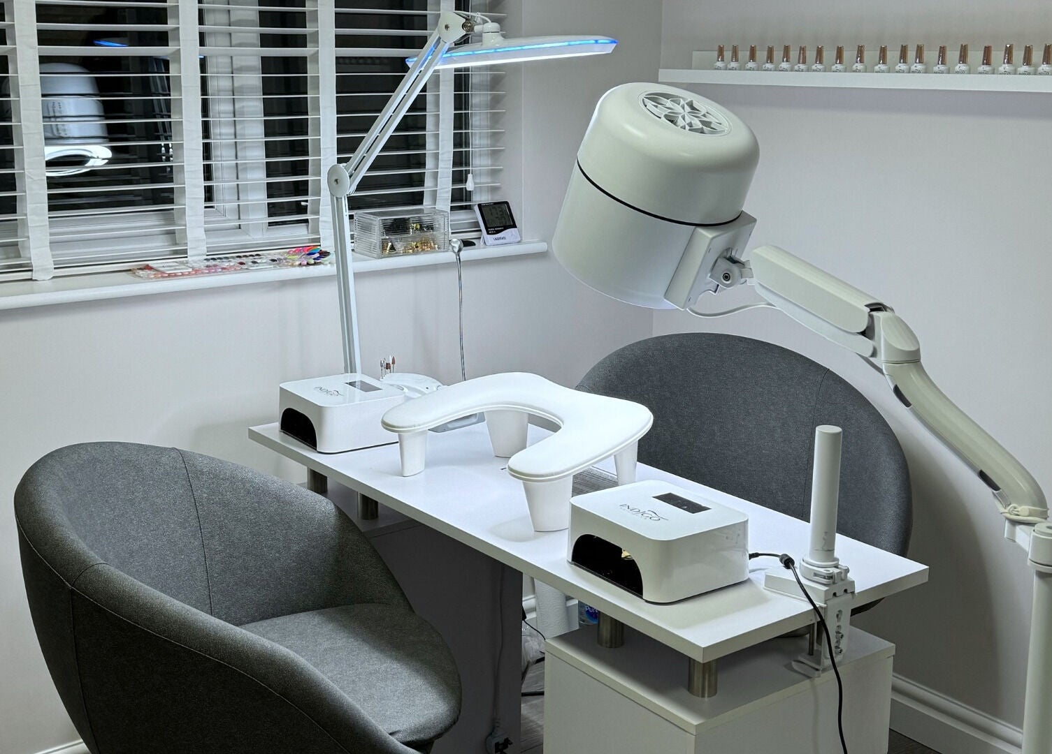 Modern nail workstation at Zhekova Nails Academy in Epsom, England, GB featuring sleek design and equipment.