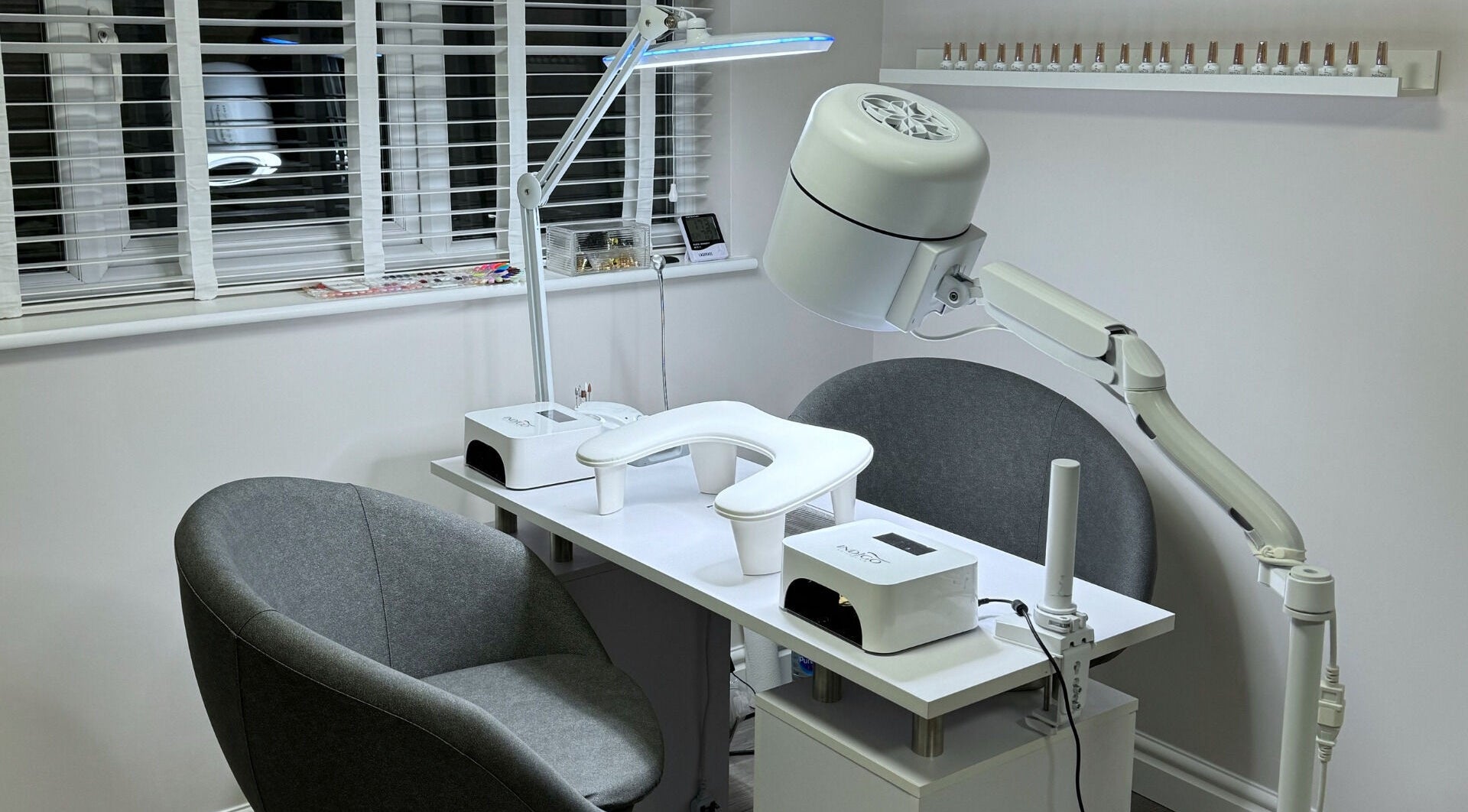 Modern nail workstation at Zhekova Nails Academy in Epsom, England, GB featuring sleek design and equipment.