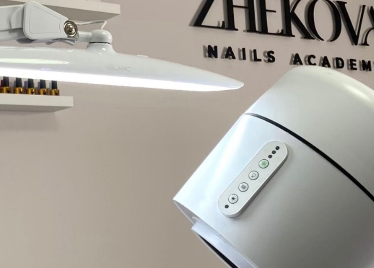 Modern nail salon setup at Zhekova Nails Academy, Epsom, England, GB, featuring stylish equipment and decor.
