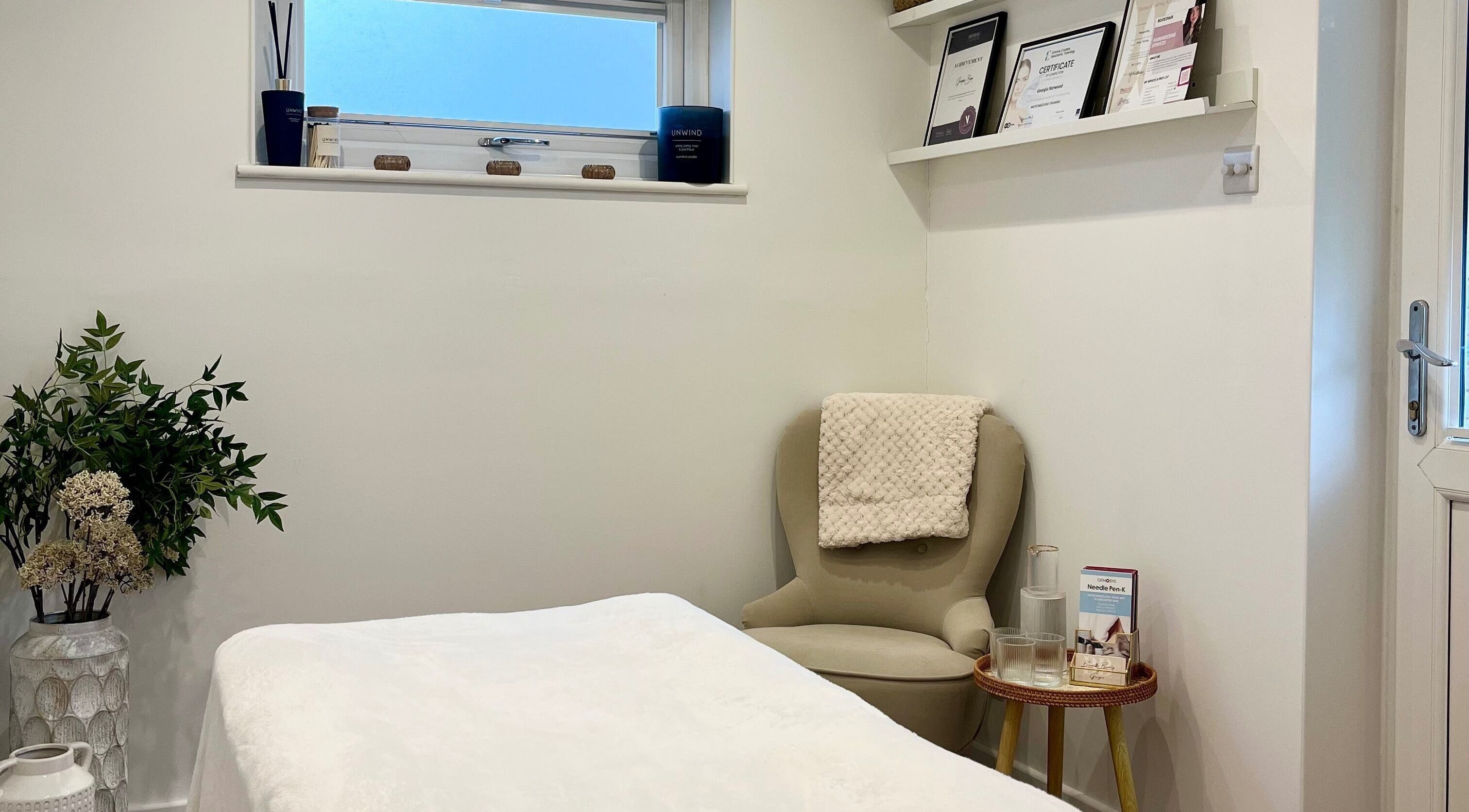 Peaceful treatment room at Brows & Beauty by Georgia, Effingham, England, GB, featuring calming decor.
