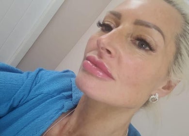 Close-up of a woman's face with elegant makeup at Cupid's Glow, Bolton, England, GB.