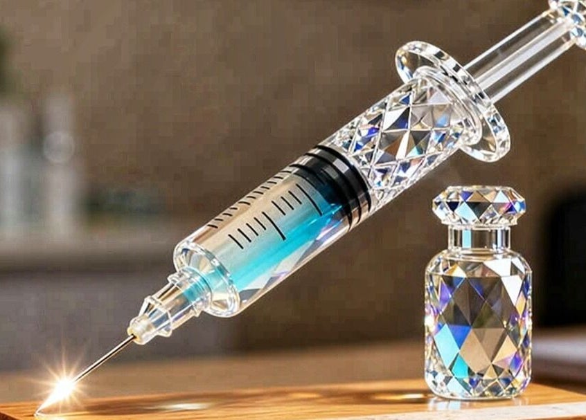 Crystal syringe and bottle at Cupids Glow, Bolton, England, GB showcasing unique beauty treatments.
