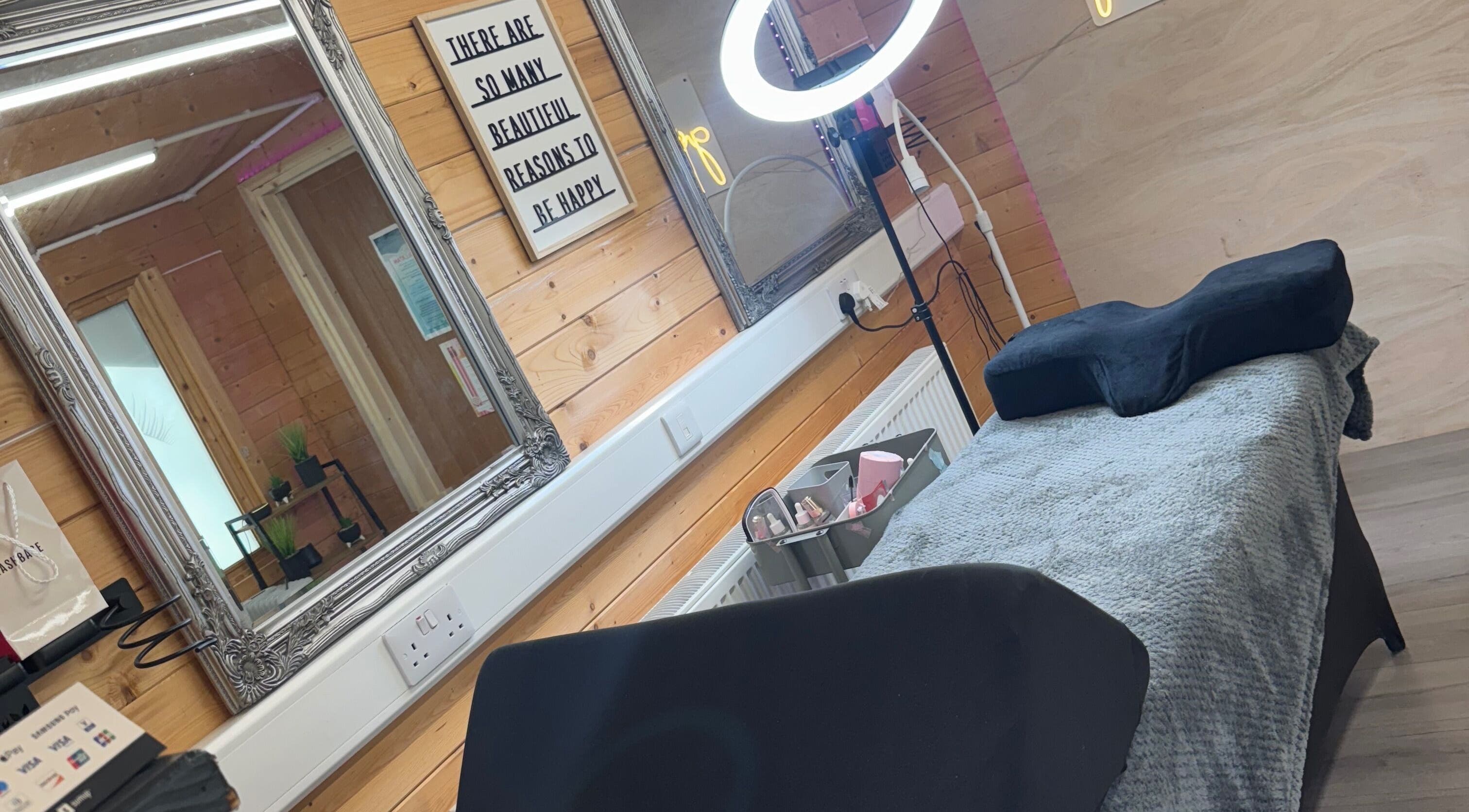 Cozy beauty room at The Hair & Lash Shack in Bodmin, England, featuring elegant decor and professional equipment.