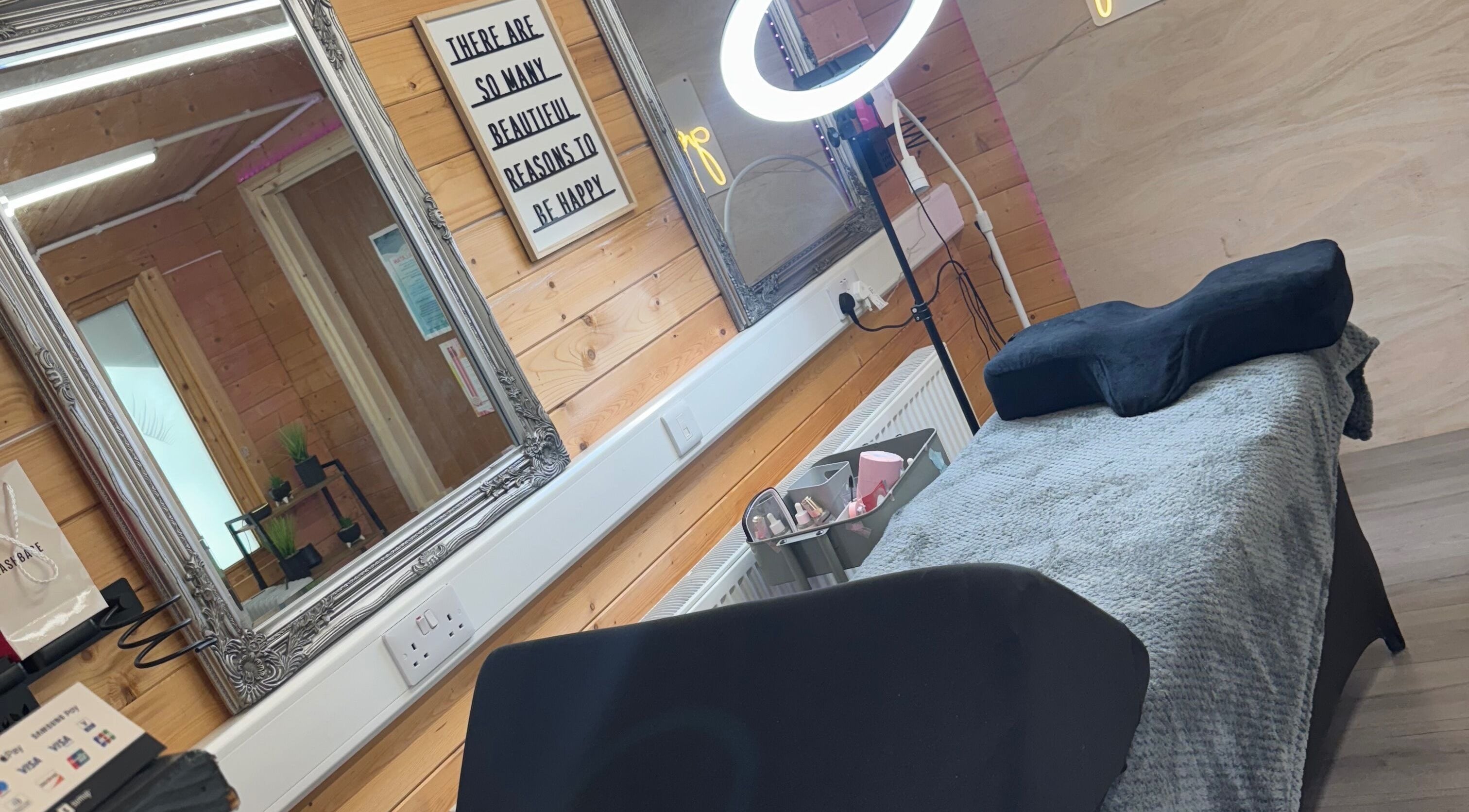 Cozy beauty room at The Hair & Lash Shack in Bodmin, England, featuring elegant decor and professional equipment.