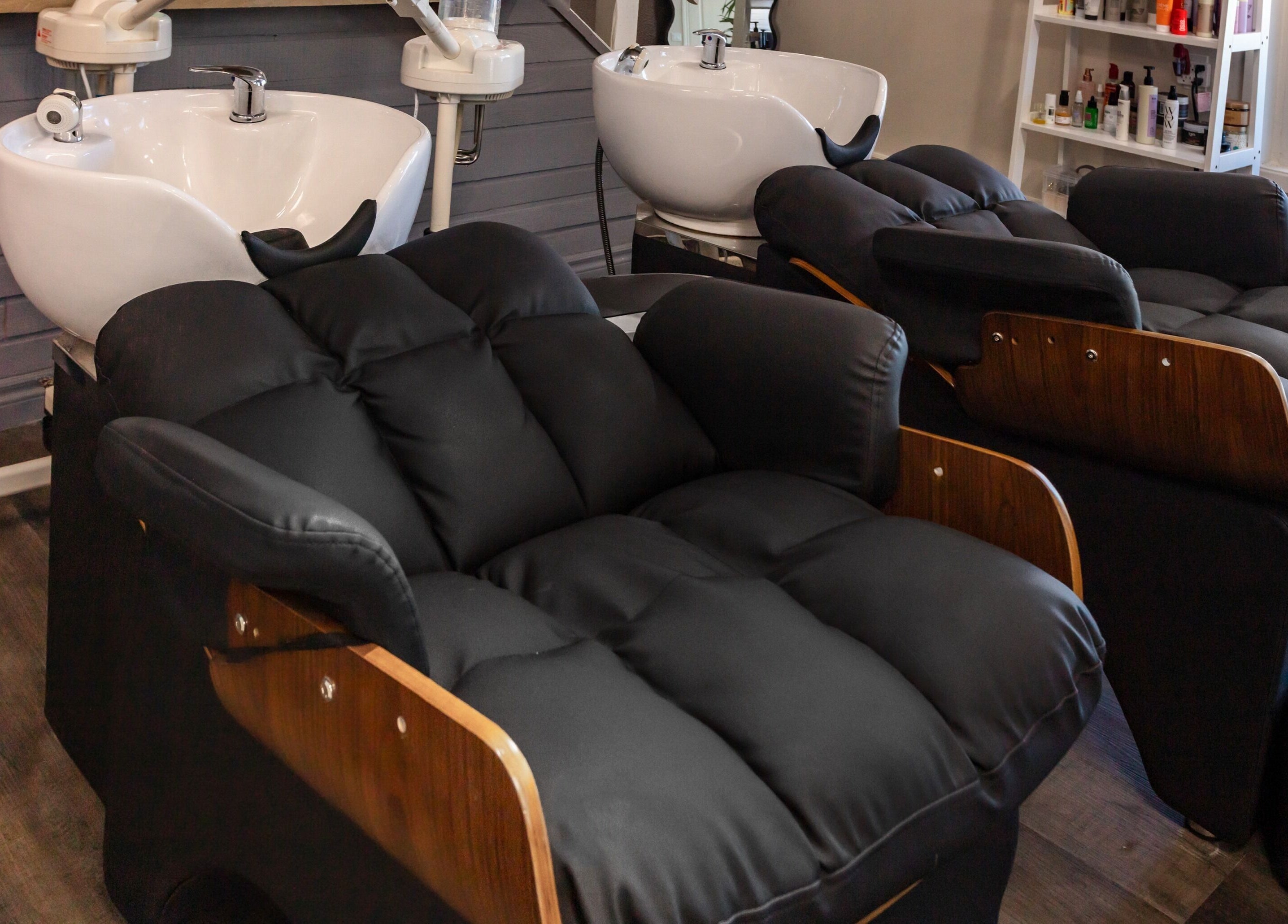 Luxurious styling chairs at Mirror Mirror Hair Studio, Oshawa, Ontario, CA, inviting new clients.