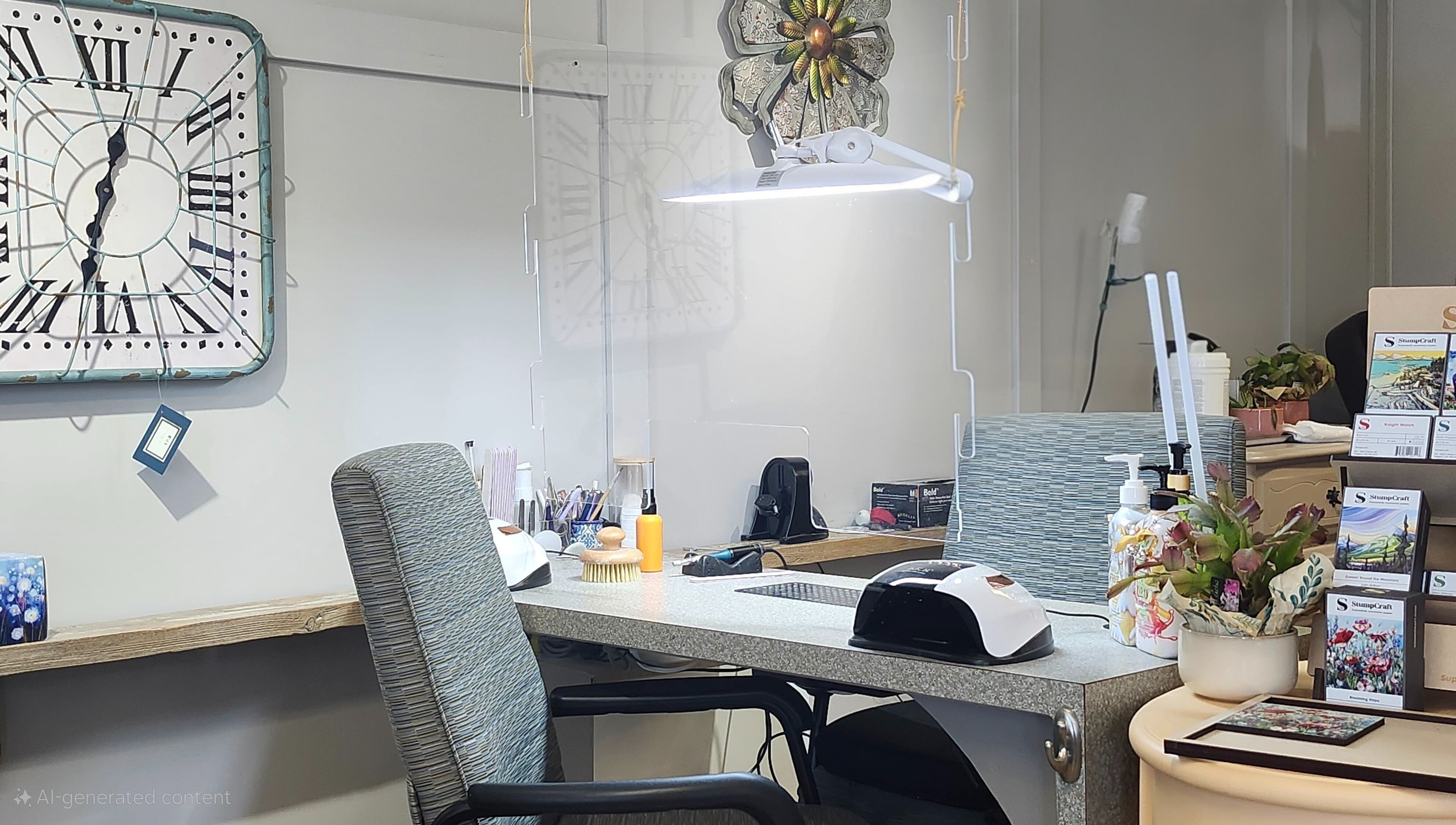 Cozy manicure station at Total Esthetics, Spruce Grove, Alberta, CA, featuring elegant decor and skincare products.